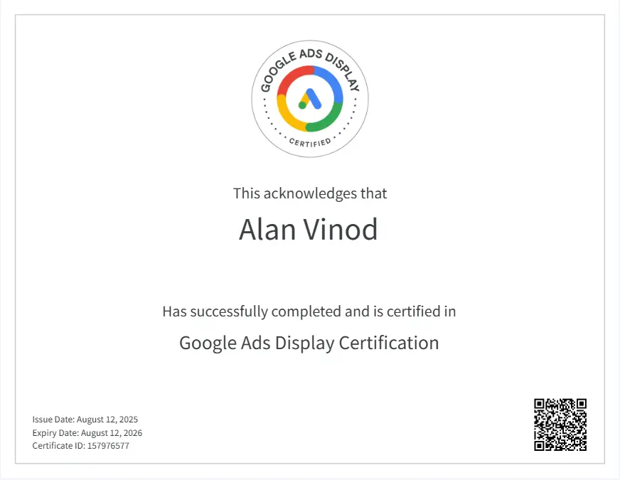 Google Ads Display certificate of the best freelance digital marketing strategist in kochi, kerala