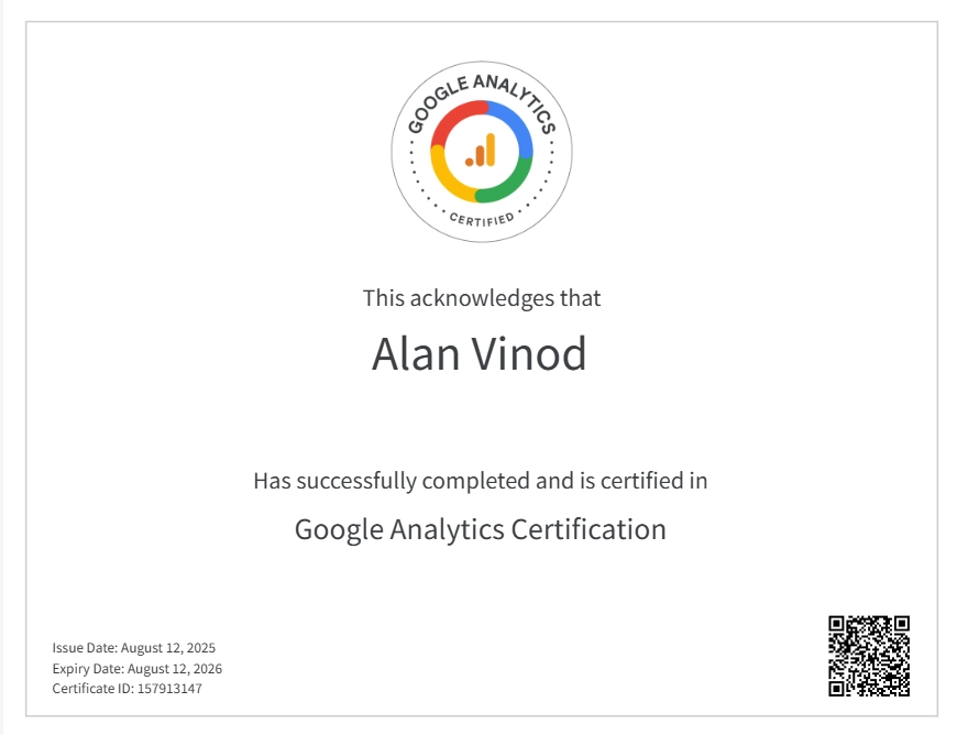 Google Analytics Certificate of the best freelance digital marketing strategist in kochi