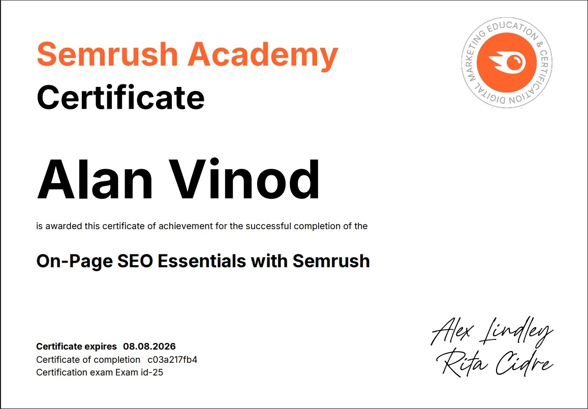 semrush cert of the best freelance digital marketing strategist in kochi, kerala