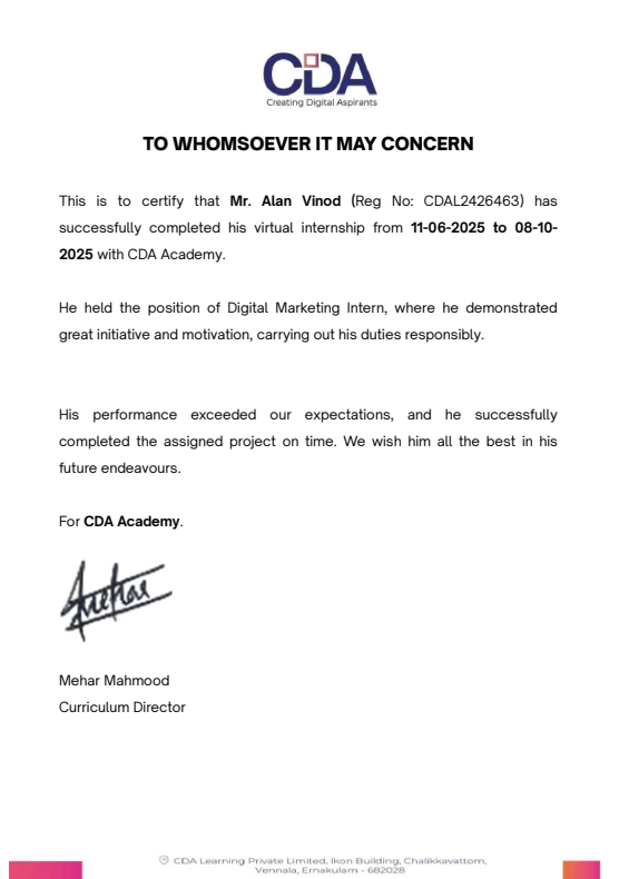 internship certificate of the best digital marketer in kerala